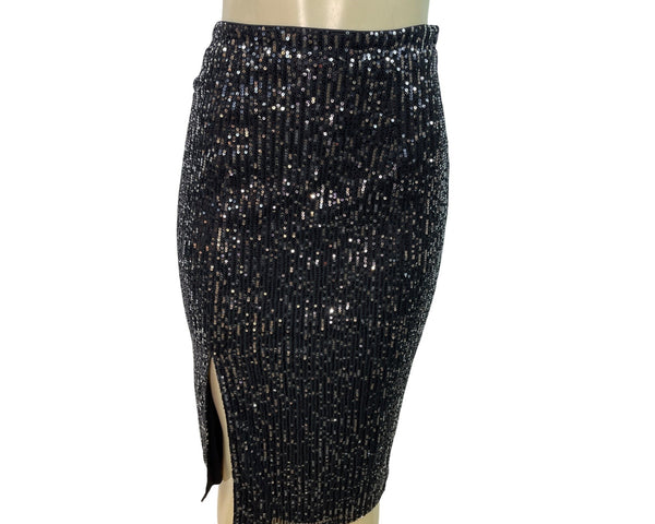 Sugarlips Black Sequin Midi Skirt With Side Slit Hidden Back Zipper Sz XS - New