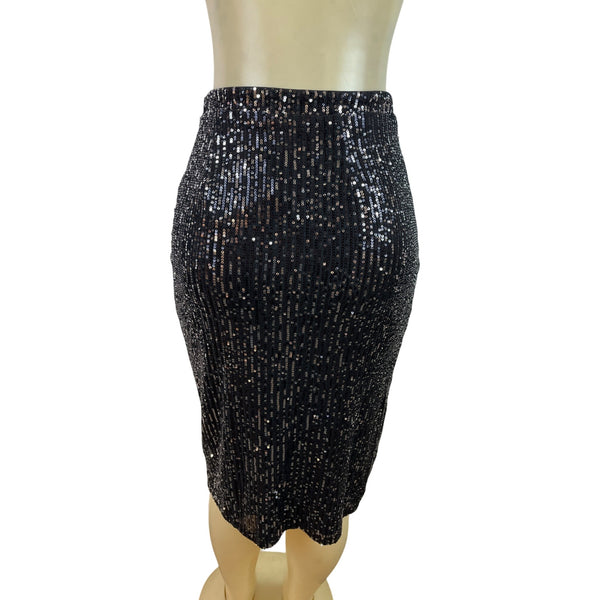 Sugarlips Black Sequin Midi Skirt With Side Slit Hidden Back Zipper Sz XS - New