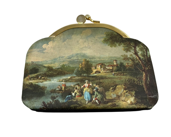 Vintage Women’s Multicolor Fabric Clasp Coin Purse With Art Print & Gold Metal Frame