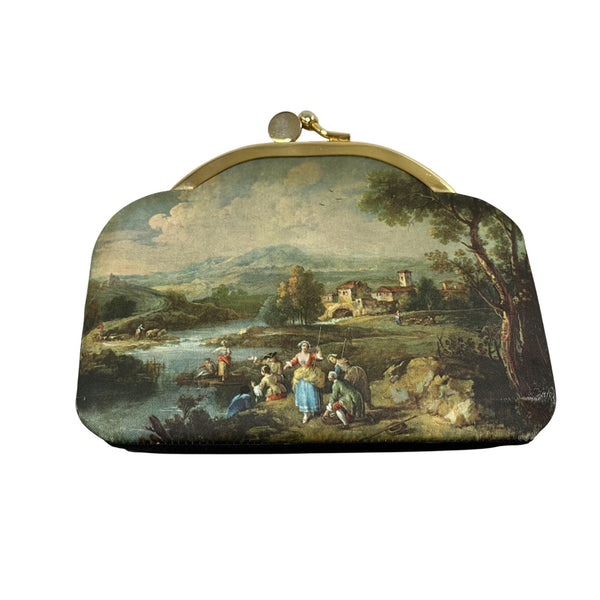 Vintage Women’s Multicolor Fabric Clasp Coin Purse With Art Print & Gold Metal Frame