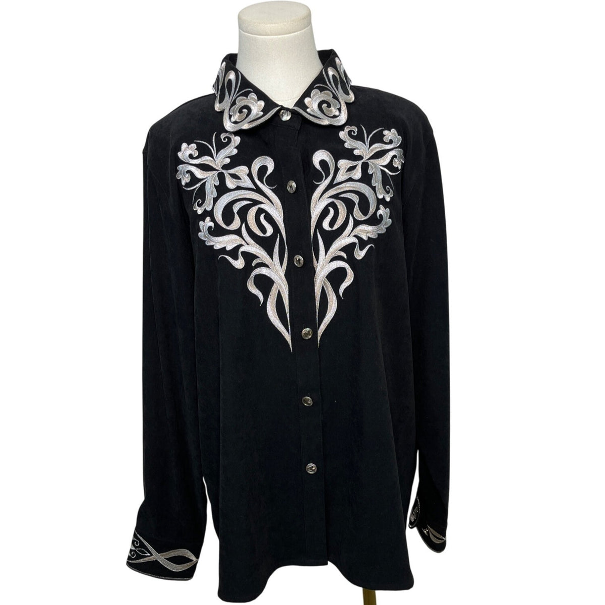 Bob Mackie Wearable Art Embroidered Black Button-Up Shirt L