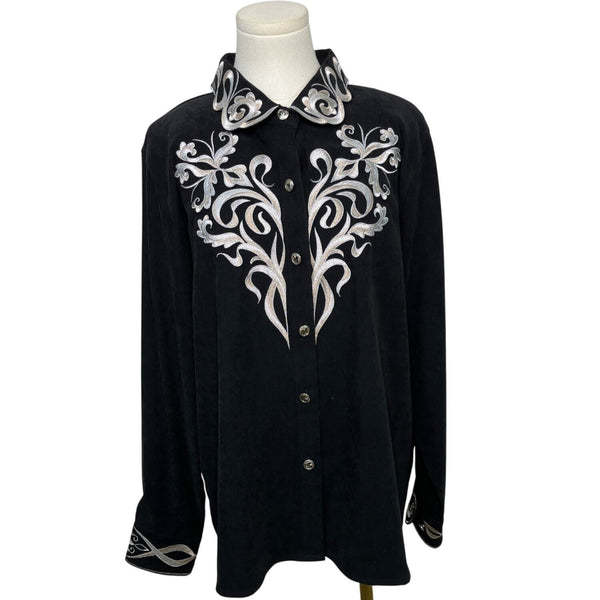 Bob Mackie Wearable Art Embroidered Black Button-Up Shirt L