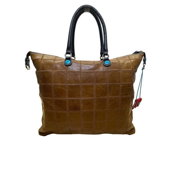 Gabs Women's Camel/Brown Leather With Quilted Design & Black Handles Tote Bag