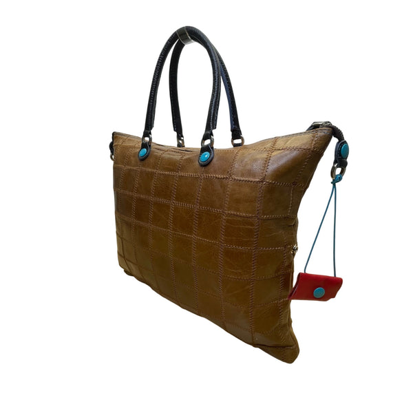 Gabs Women's Camel/Brown Leather With Quilted Design & Black Handles Tote Bag