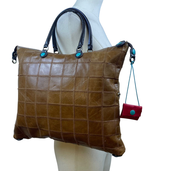 Gabs Women's Camel/Brown Leather With Quilted Design & Black Handles Tote Bag