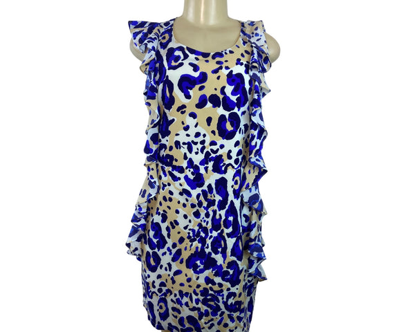 Julie Brown NYC Leopard Print Ruffle Sleeveless Shift Dress Beige & Blue Size 6
