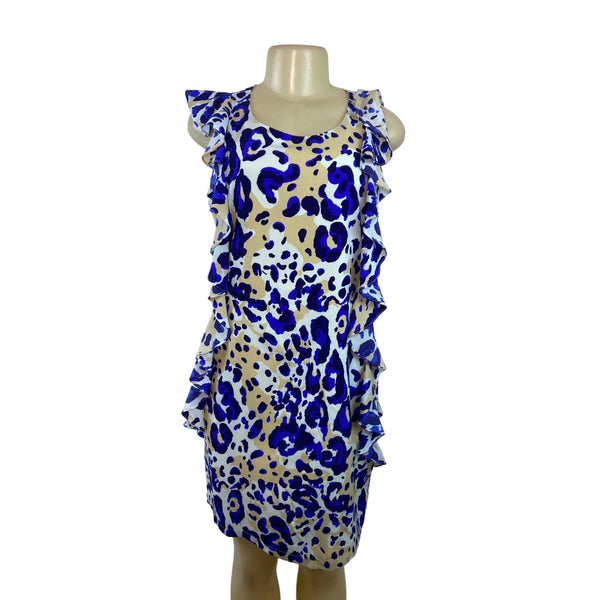 Julie Brown NYC Leopard Print Ruffle Sleeveless Shift Dress Beige & Blue Size 6