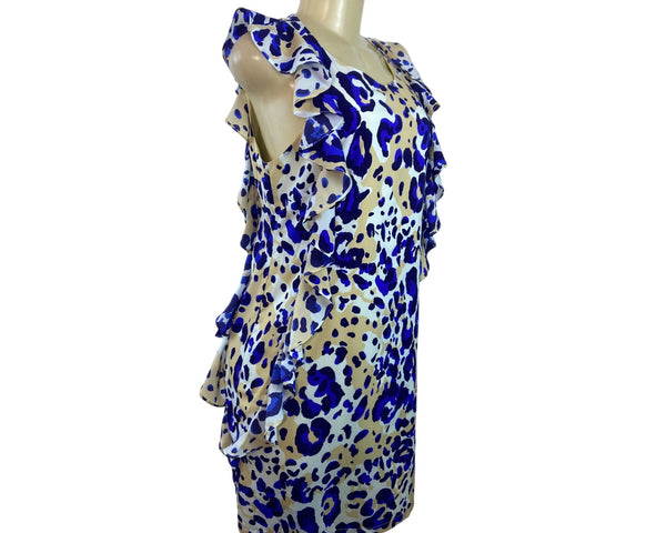 Julie Brown NYC Leopard Print Ruffle Sleeveless Shift Dress Beige & Blue Size 6