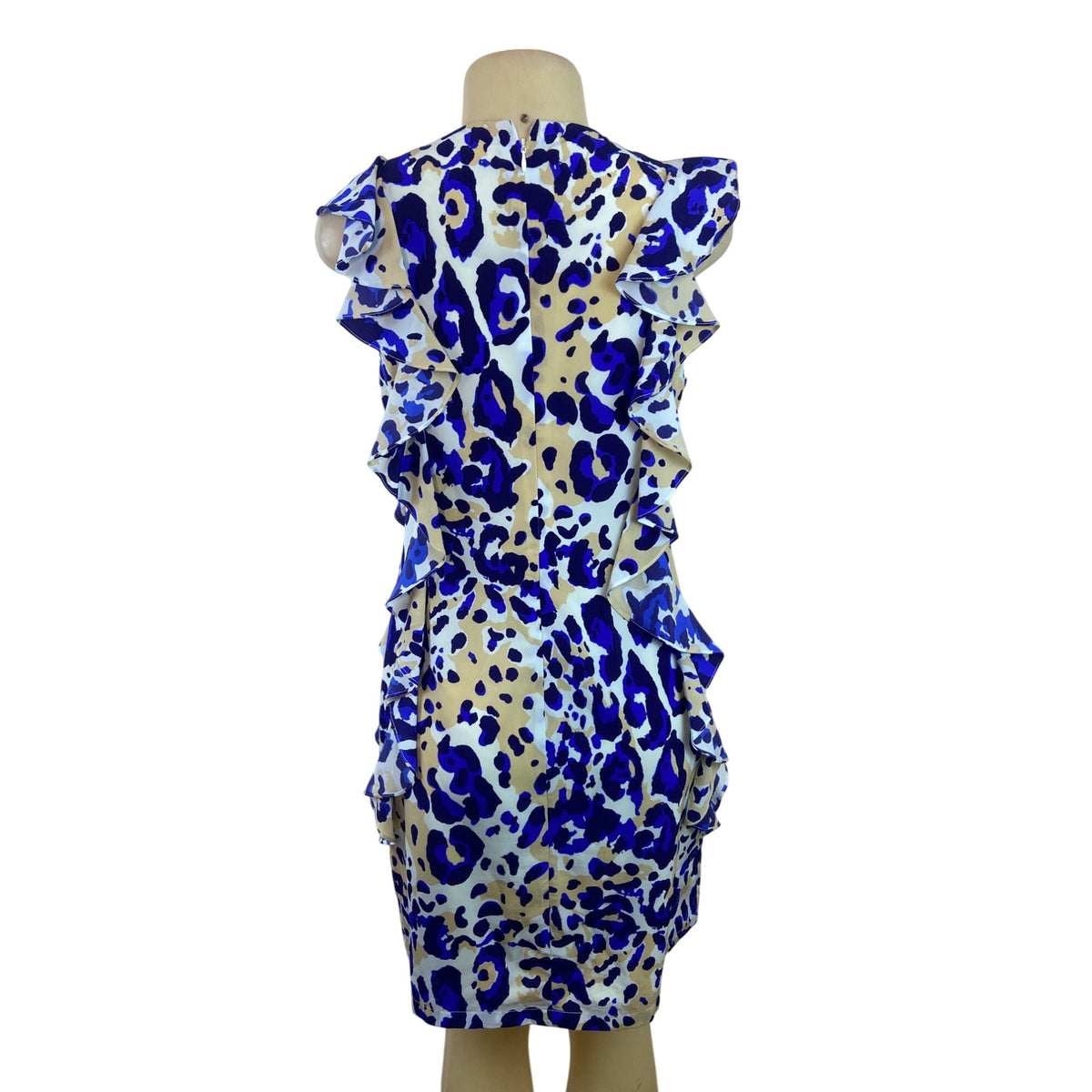 Julie Brown NYC Leopard Print Ruffle Sleeveless Shift Dress Beige & Blue Size 6
