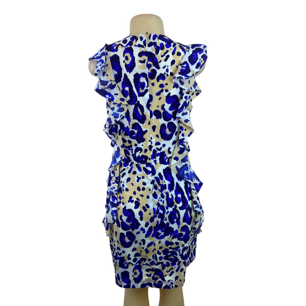 Julie Brown NYC Leopard Print Ruffle Sleeveless Shift Dress Beige & Blue Size 6