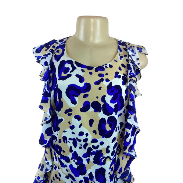 Julie Brown NYC Leopard Print Ruffle Sleeveless Shift Dress Beige & Blue Size 6