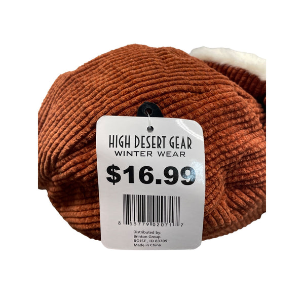 High Desert Gear Unisex Corduroy Faux Fur Trapper Ear Flaps Brown Cream One Size