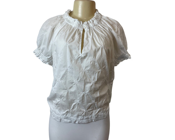 Workshop Republic Clothing White Embroidered Short Sleeve Cotton Blouse Sz M