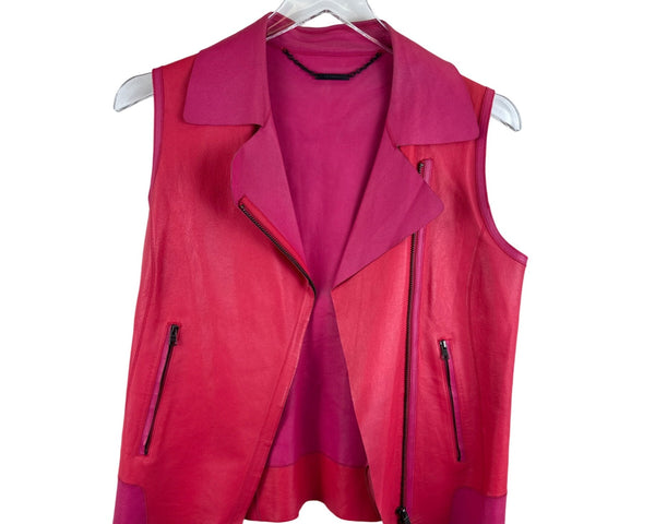 Elie Tahari Womens Pink Leather Sleeveless Moto Vest Asymmetric Zip Pockets Size M
