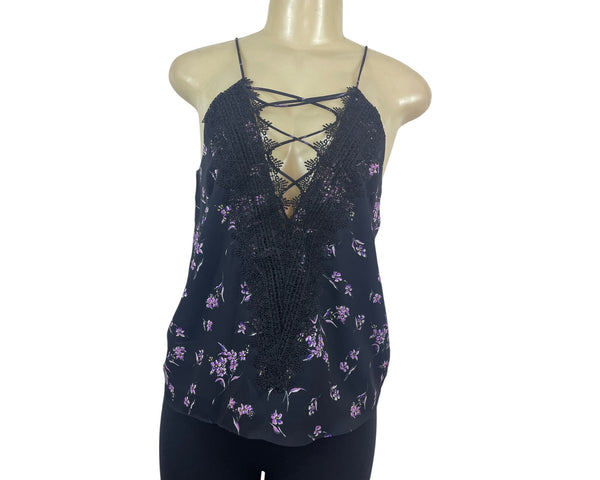 Wayf Womens Black Dainty Lace-Up Top With Floral Pattern Sz S - New