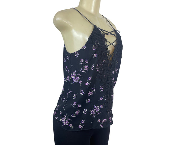 Wayf Womens Black Dainty Lace-Up Top With Floral Pattern Sz S - New