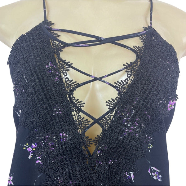 Wayf Womens Black Dainty Lace-Up Top With Floral Pattern Sz S - New