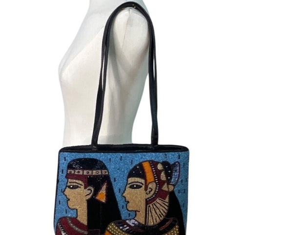 Chicos Blue & Black Egyptian Art Design Beaded Zip Closure Shoulder Bag Sz M