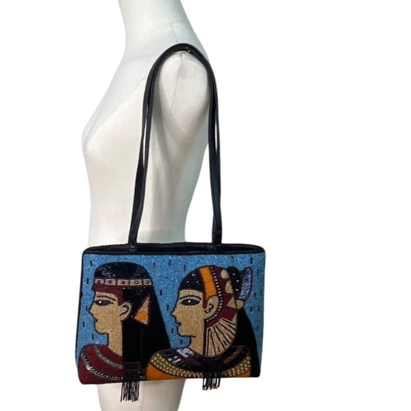 Chicos Blue & Black Egyptian Art Design Beaded Zip Closure Shoulder Bag Sz M