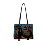 Chicos Blue & Black Egyptian Art Design Beaded Zip Closure Shoulder Bag Sz M