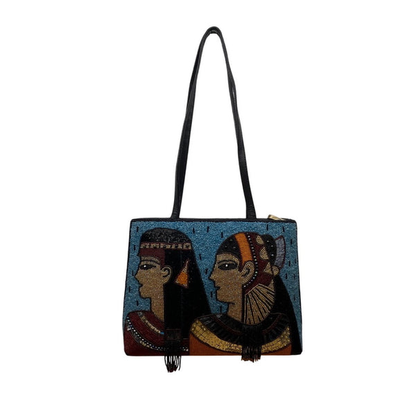 Chicos Blue & Black Egyptian Art Design Beaded Zip Closure Shoulder Bag Sz M