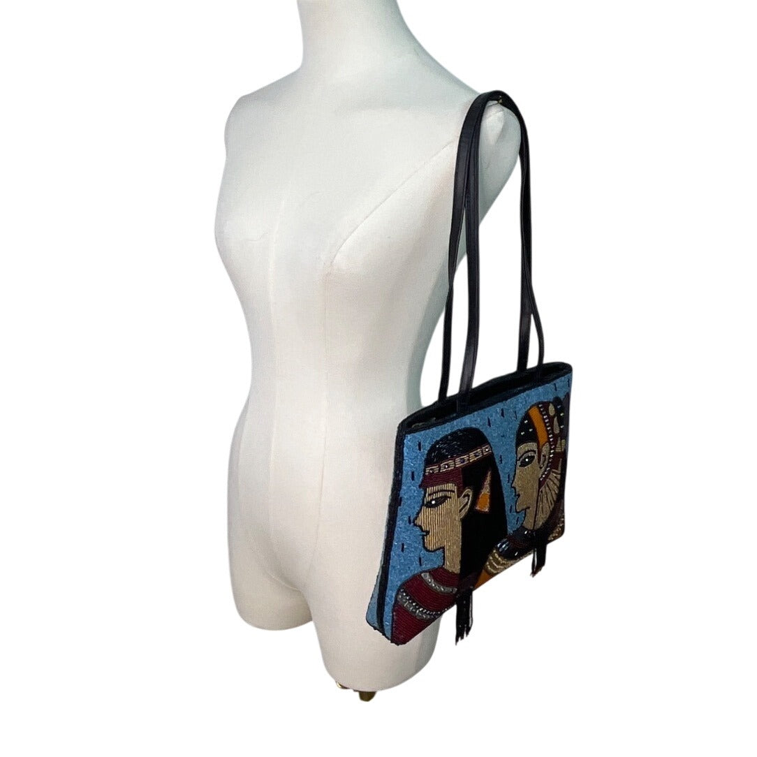 Chicos Blue & Black Egyptian Art Design Beaded Zip Closure Shoulder Bag Sz M