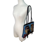 Chicos Blue & Black Egyptian Art Design Beaded Zip Closure Shoulder Bag Sz M