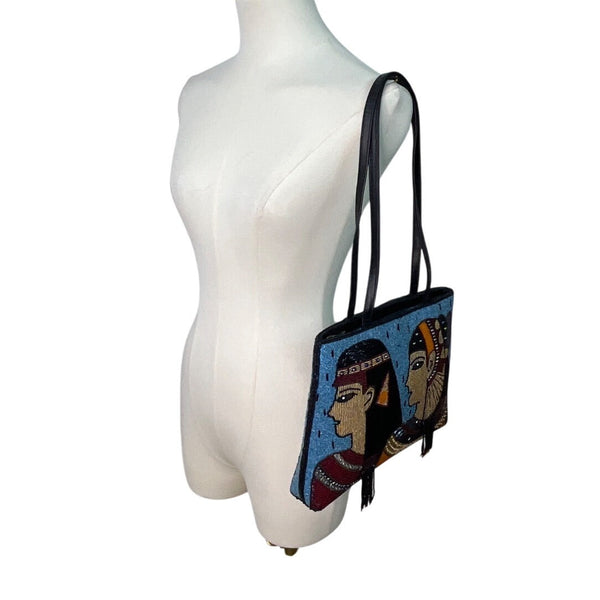Chicos Blue & Black Egyptian Art Design Beaded Zip Closure Shoulder Bag Sz M