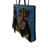 Chicos Blue & Black Egyptian Art Design Beaded Zip Closure Shoulder Bag Sz M