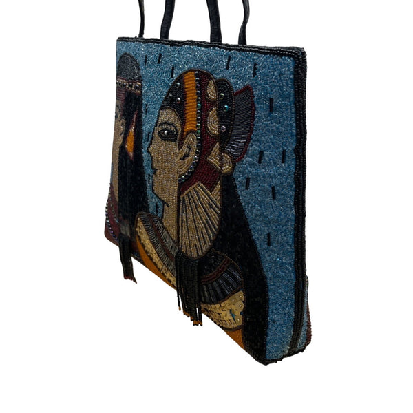 Chicos Blue & Black Egyptian Art Design Beaded Zip Closure Shoulder Bag Sz M