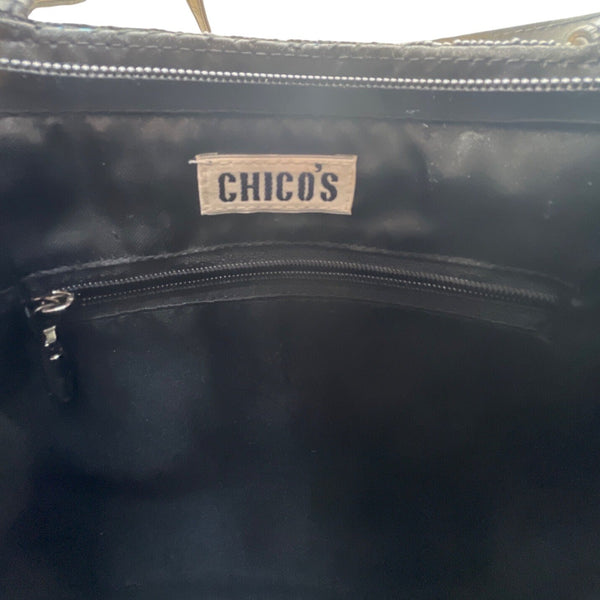 Chicos Blue & Black Egyptian Art Design Beaded Zip Closure Shoulder Bag Sz M