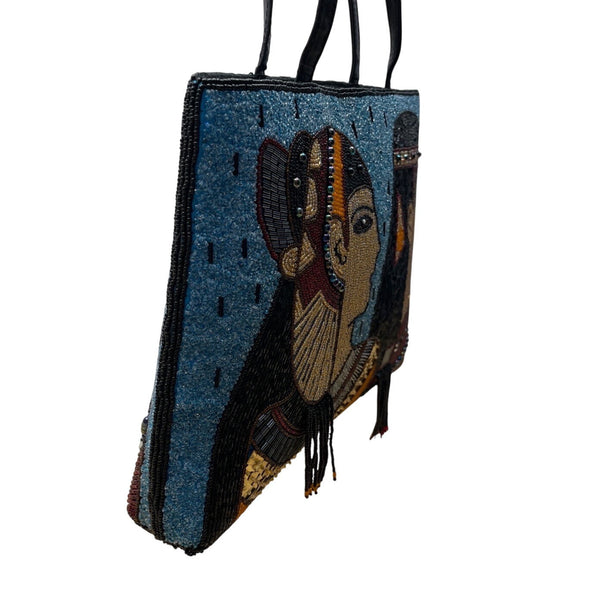 Chicos Blue & Black Egyptian Art Design Beaded Zip Closure Shoulder Bag Sz M