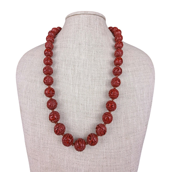 Carved Red Cinnabar Beaded Necklace Ladies Silver Clasp Vintage Jewelry