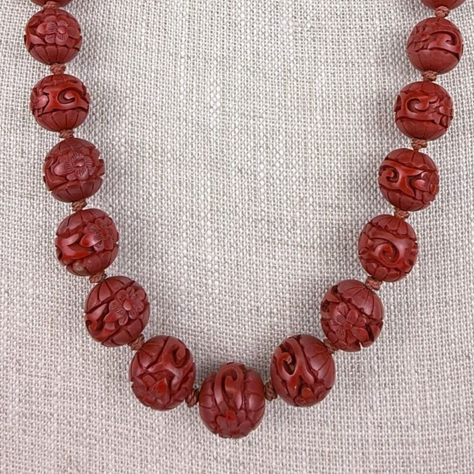 Carved Red Cinnabar Beaded Necklace Ladies Silver Clasp Vintage Jewelry