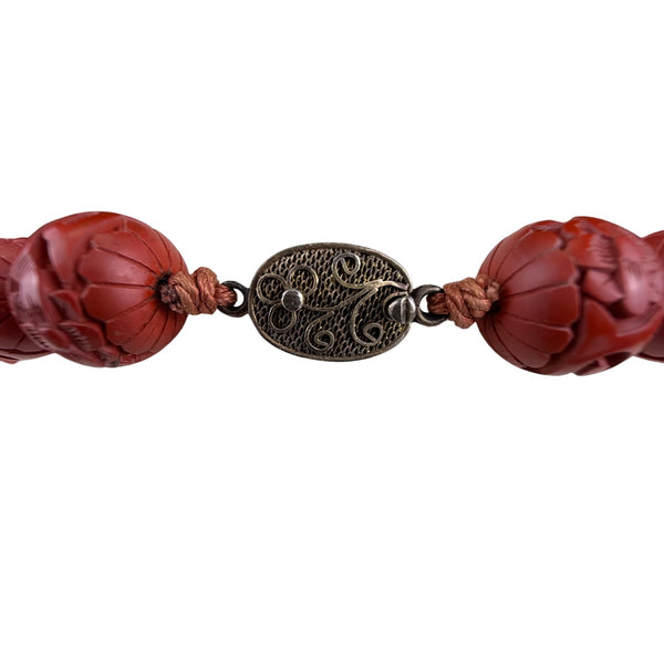 Carved Red Cinnabar Beaded Necklace Ladies Silver Clasp Vintage Jewelry