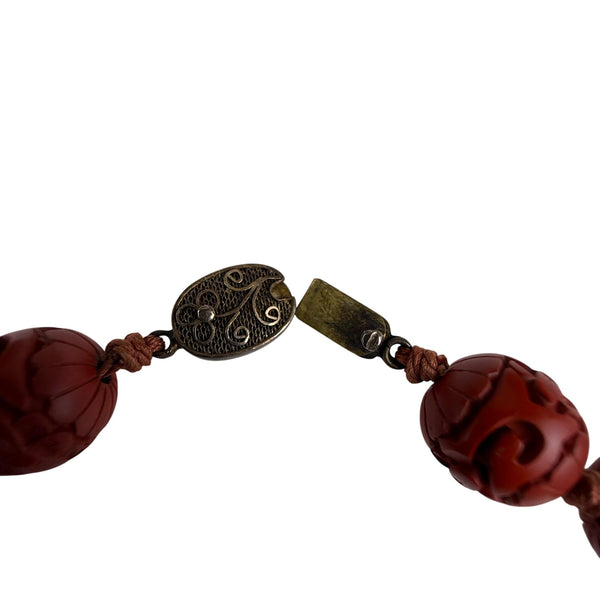 Carved Red Cinnabar Beaded Necklace Ladies Silver Clasp Vintage Jewelry