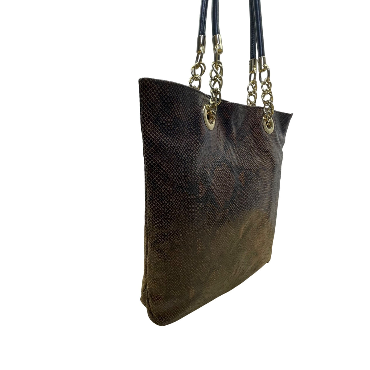 Cynthia Rowley Women’s Brown Leather Snakeskin Gold Tone Chain Handles Tote Bag