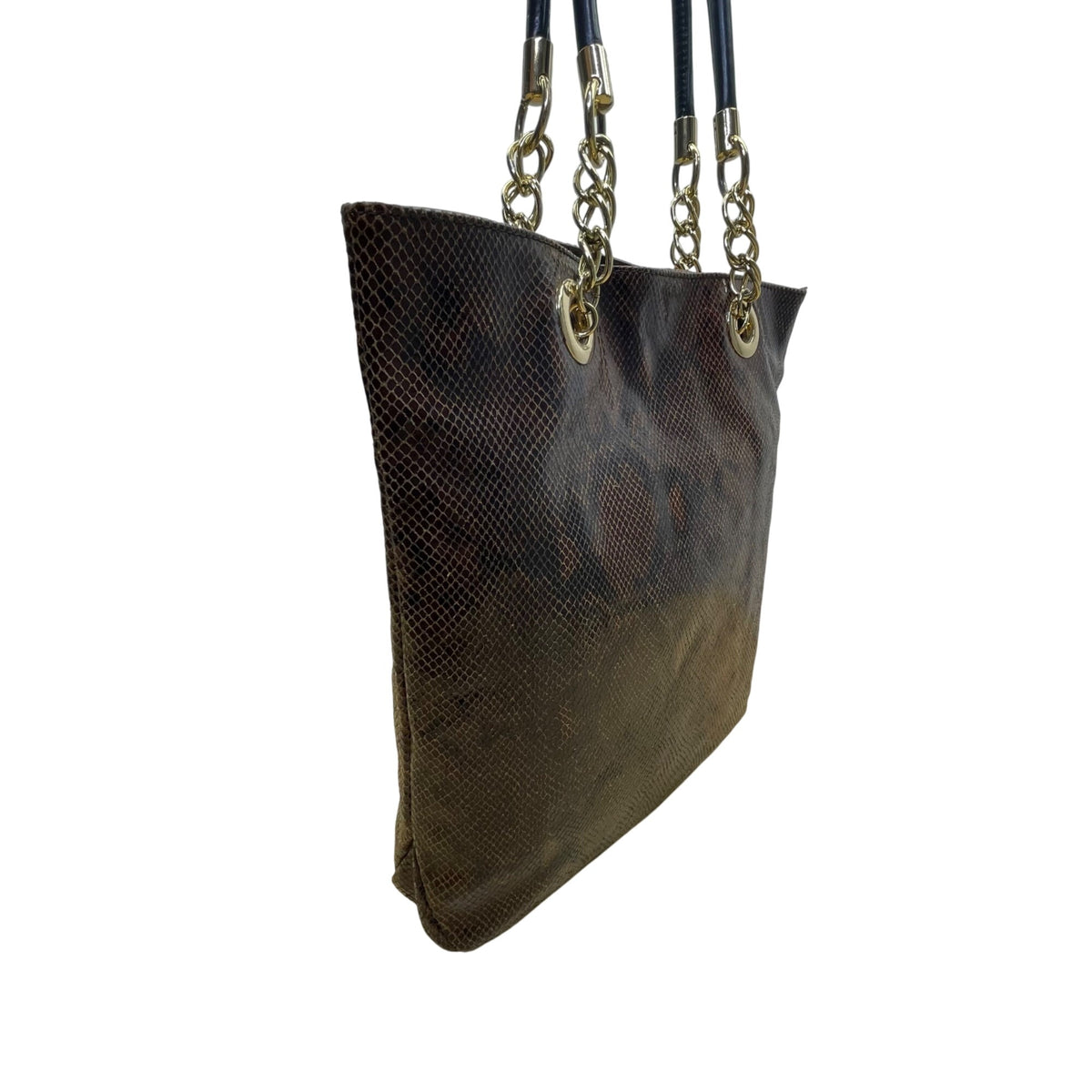 Cynthia Rowley Women’s Brown Leather Snakeskin Gold Tone Chain Handles Tote Bag