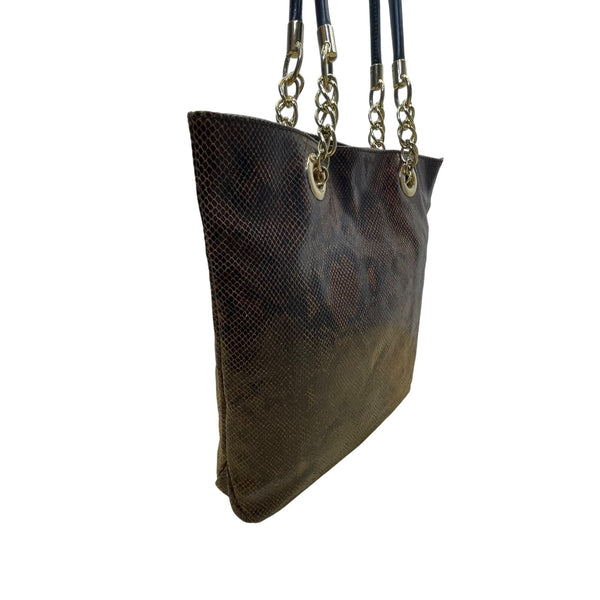 Cynthia Rowley Women’s Brown Leather Snakeskin Gold Tone Chain Handles Tote Bag