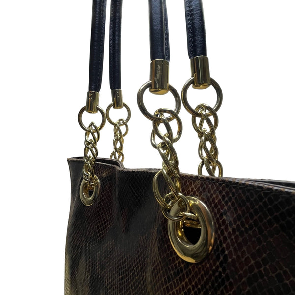 Cynthia Rowley Women’s Brown Leather Snakeskin Gold Tone Chain Handles Tote Bag