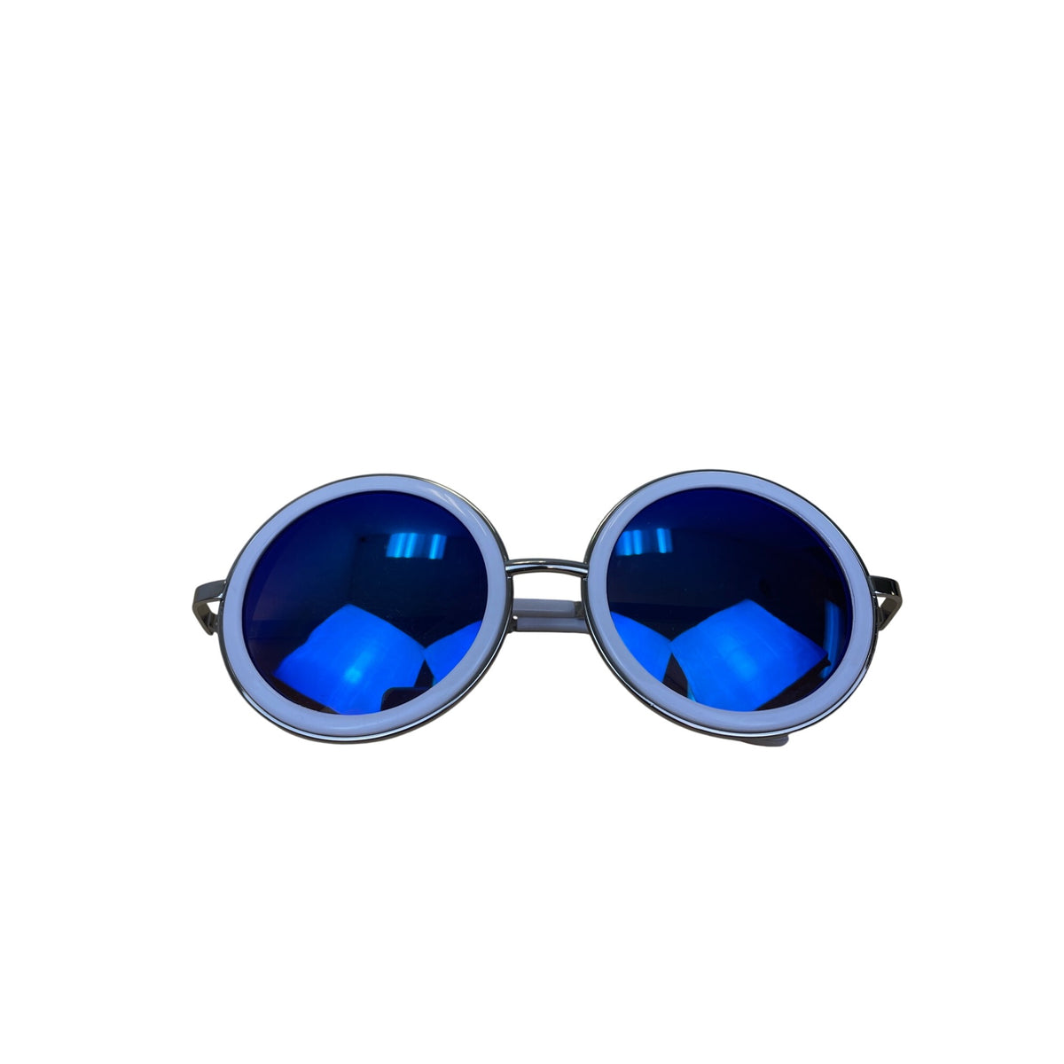 White Unisex Round Sunglasses With Blue Gradient Lenses & Silver Metal Arms Stylish Retro