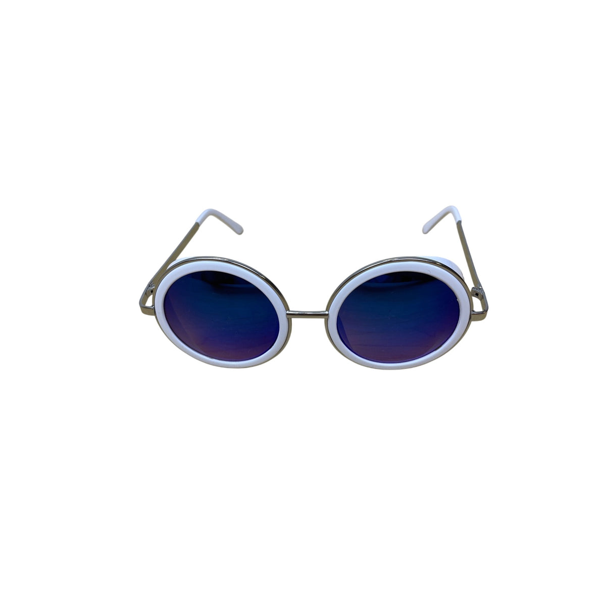 White Unisex Round Sunglasses With Blue Gradient Lenses & Silver Metal Arms Stylish Retro