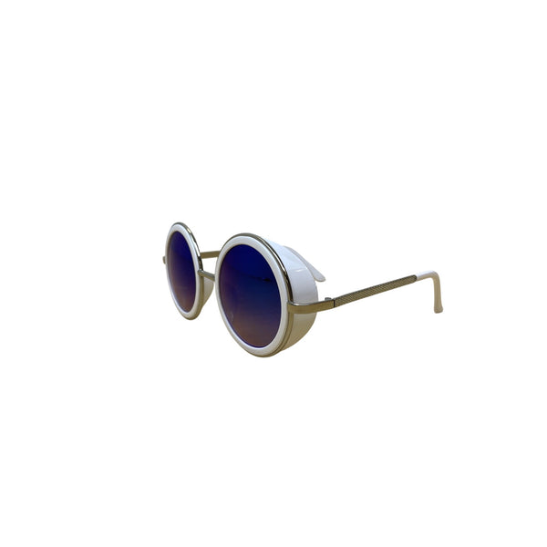 White Unisex Round Sunglasses With Blue Gradient Lenses & Silver Metal Arms Stylish Retro