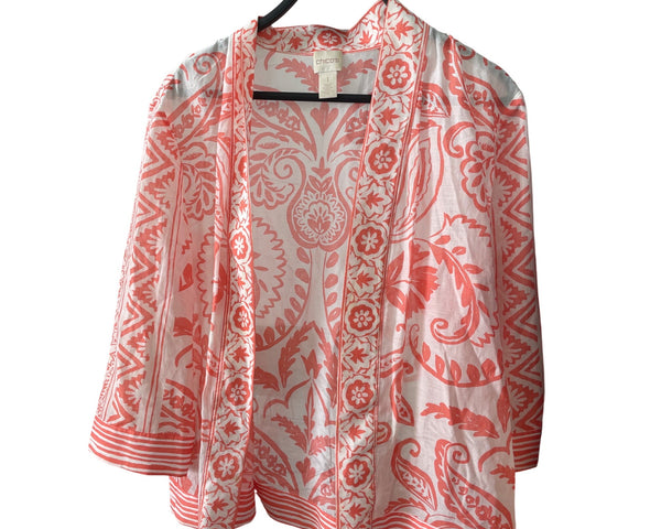 Chicos Womens Pink/White Open Front Patterned Jacket Size 1 Chic & Comfortable