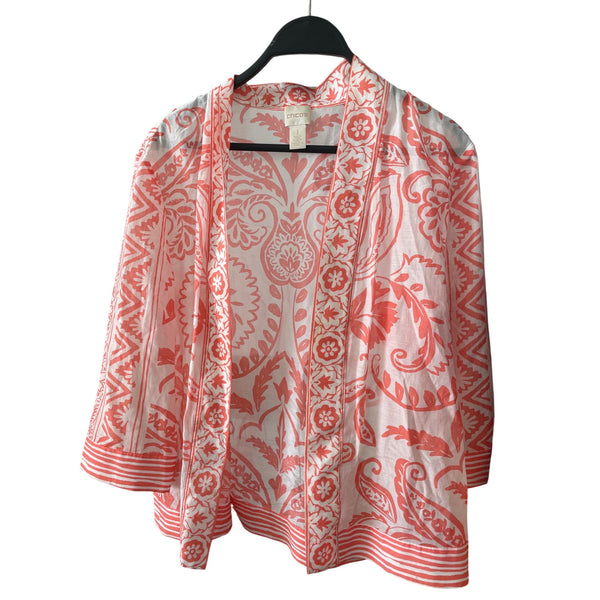 Chicos Womens Pink/White Open Front Patterned Jacket Size 1 Chic & Comfortable