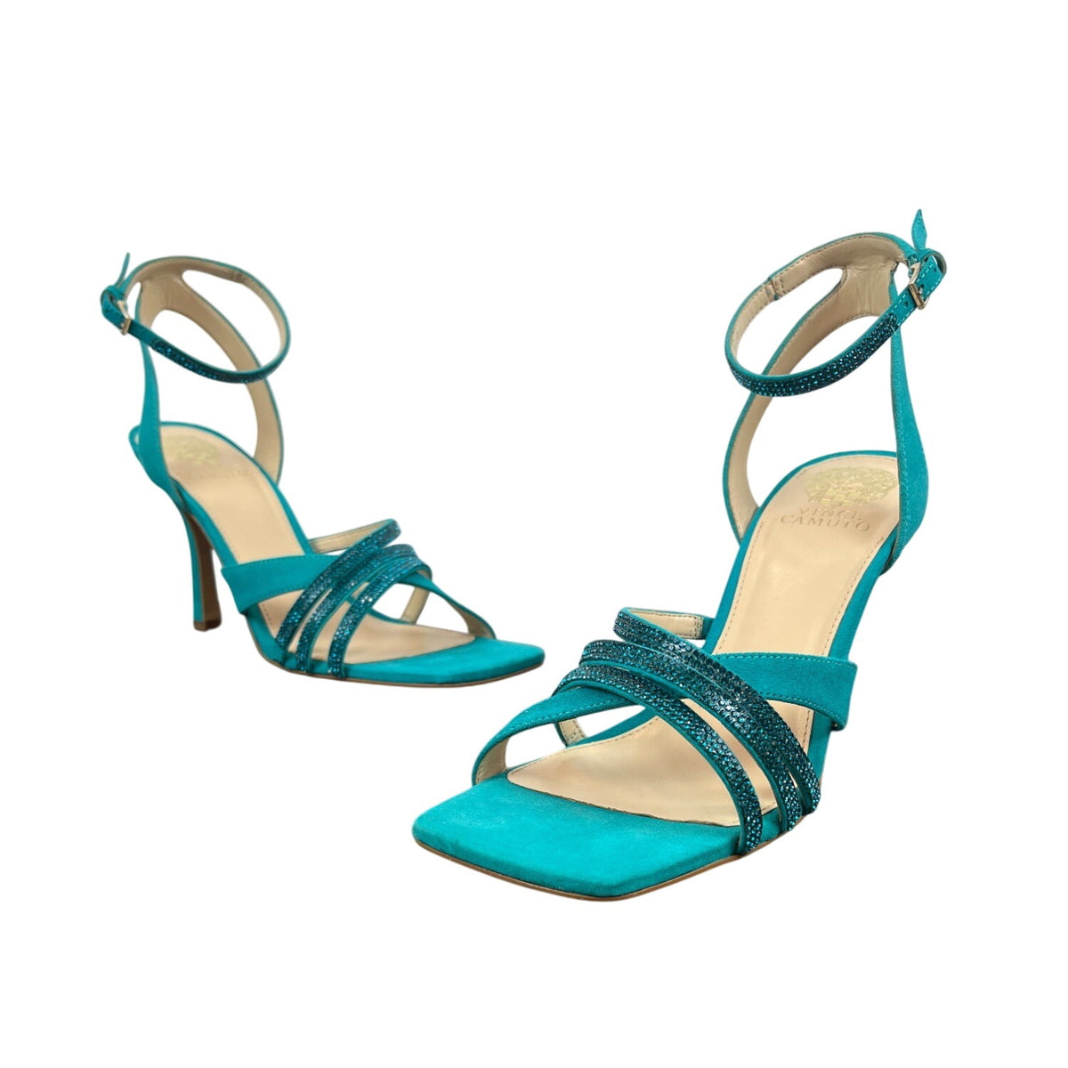 Vince Camuto Women’s Evening Jade Blue Suede Brevern Strappy Heels Sz 10M - New