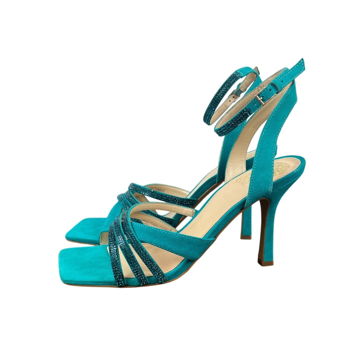 Vince Camuto Women’s Evening Jade Blue Suede Brevern Strappy Heels Sz 10M - New