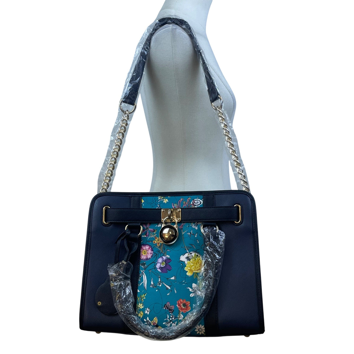 Dasein  Navy Blue Floral Faux Leather Tote Bag with matching wallet