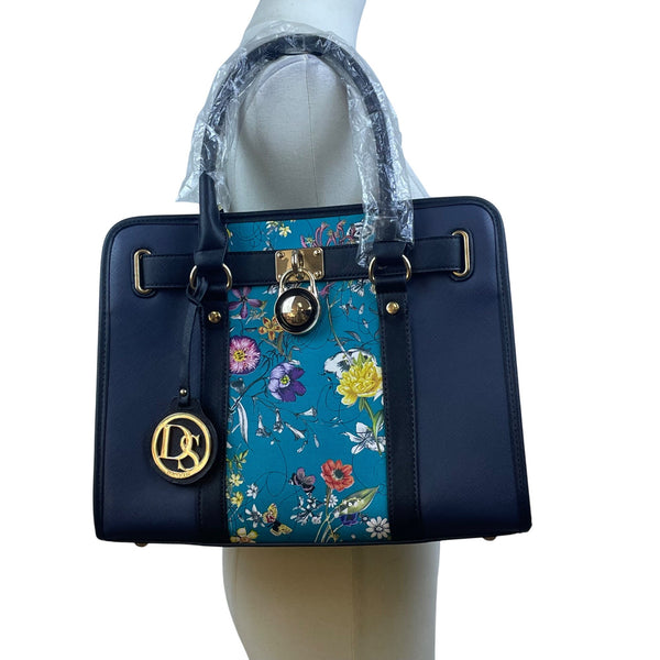 Dasein  Navy Blue Floral Faux Leather Tote Bag with matching wallet