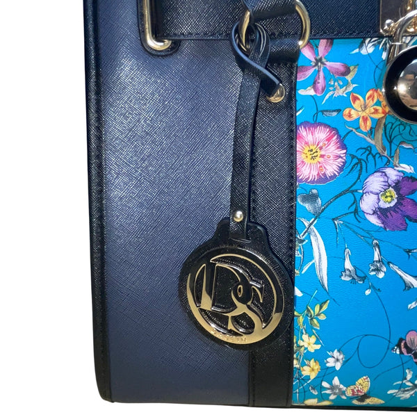 Dasein  Navy Blue Floral Faux Leather Tote Bag with matching wallet